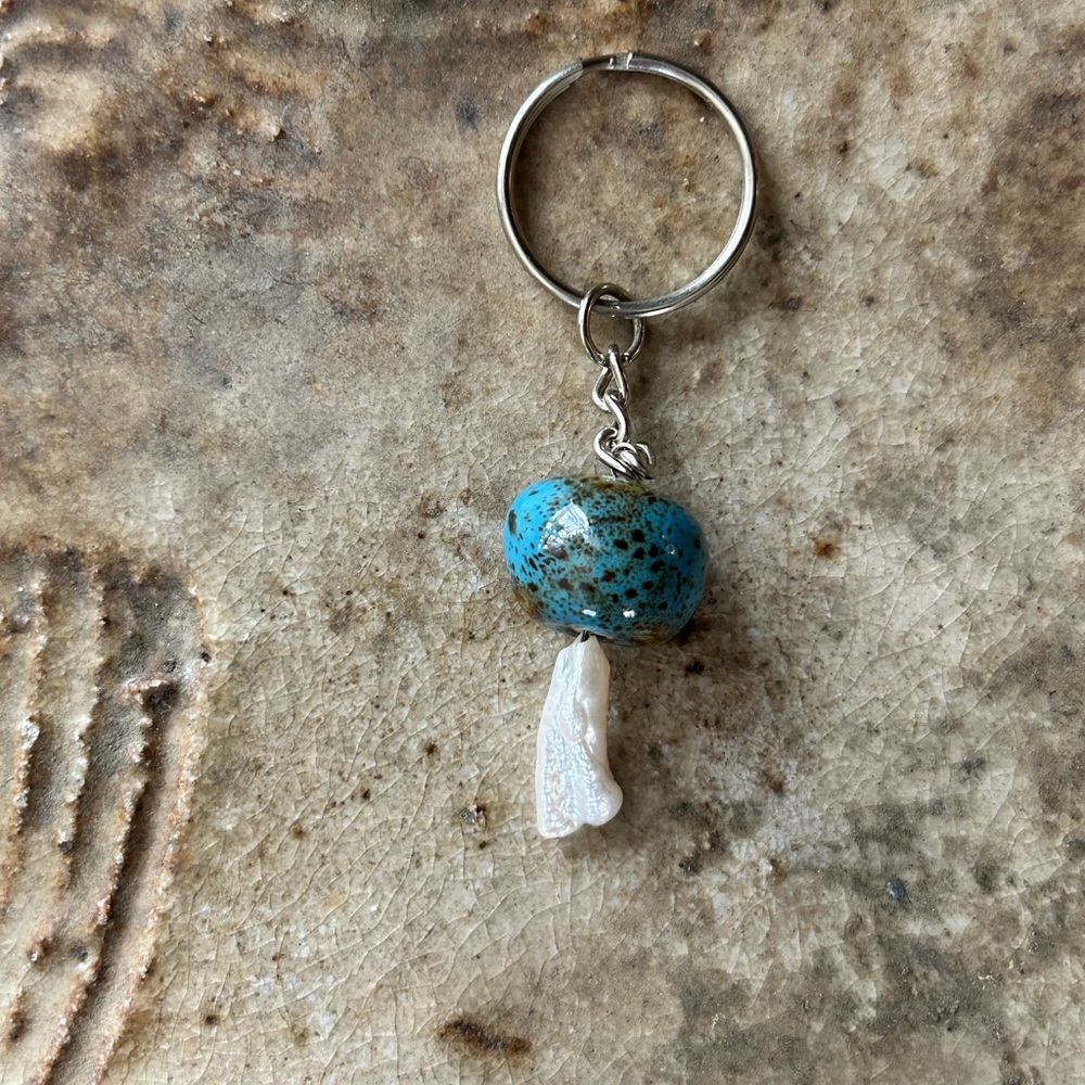 Handmade Blue Bead & White Pearl Mushroom Keychain